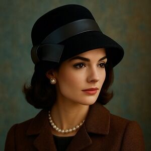 Vintage Merrimac Velour Regale Black Wool Felt Cloche Hat Leather Bow 1960s Mod